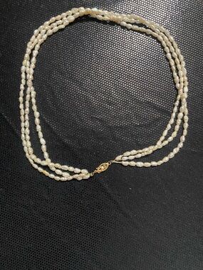 Triple Strand White Pearl Necklace with Gold Clasp